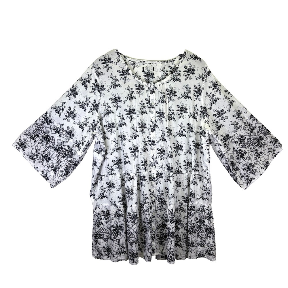 Ellos Woman's Button‎ Up Blouse Size 1X White Black Floral Boho 100% Cotton